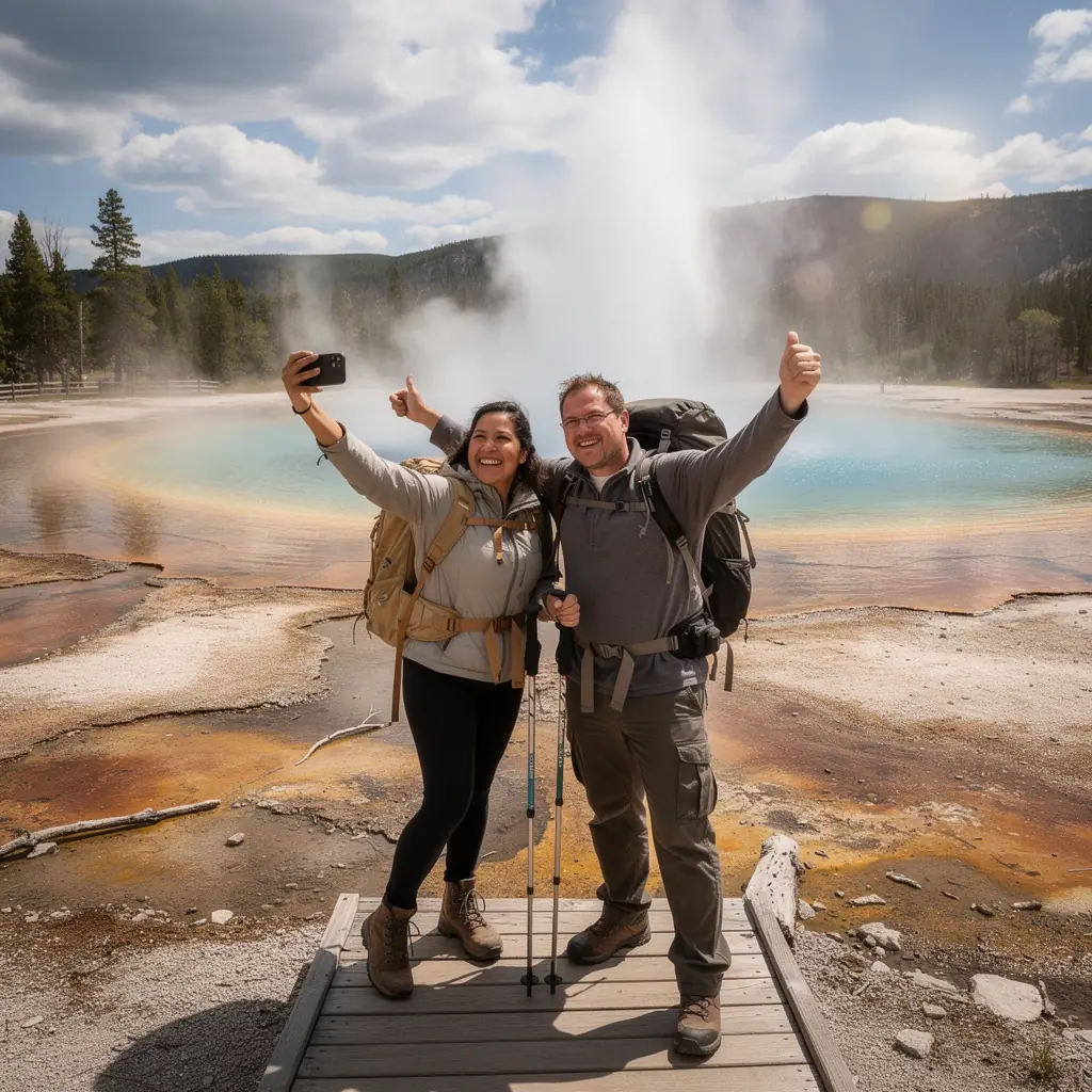 Семья, наслаждающаяся пикником на берегу озера в живописном национальном парке.