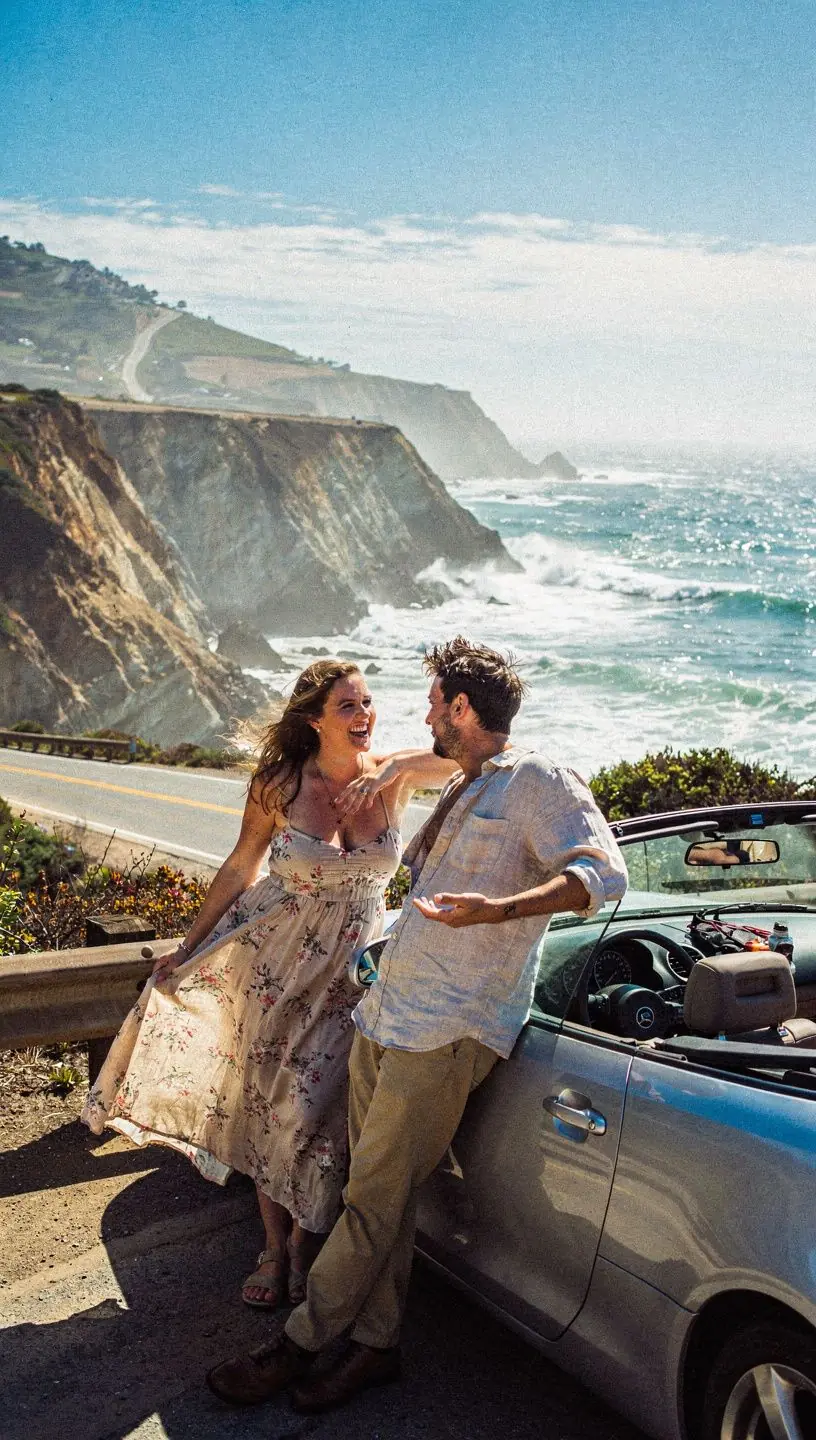 Автомобиль, движущийся по межштатной трассе с красивыми горами на фоне.