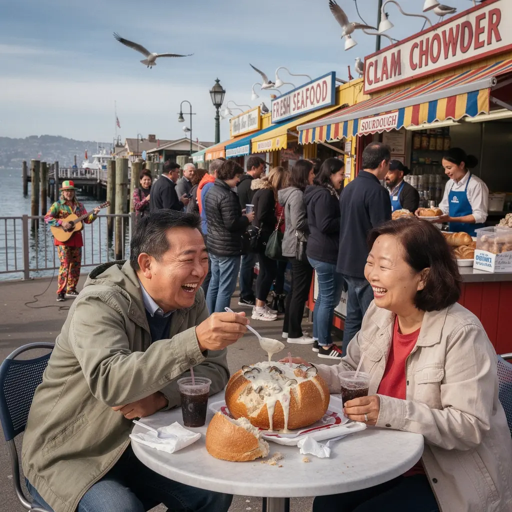 Автомобиль на автомобильной дороге, проезжающий мимо знака, указывающего на туристическую достопримечательность.