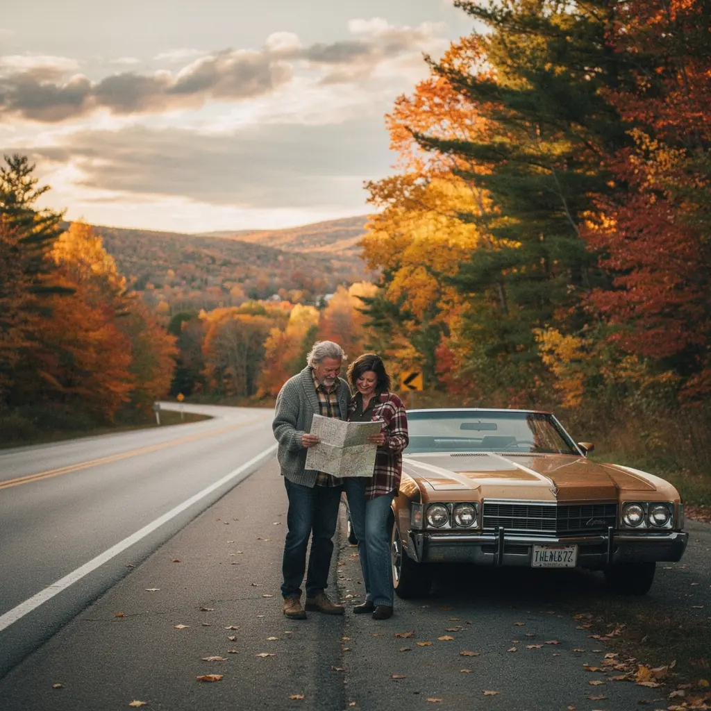 Классический туристический автобус, стоящий на обочине дороги, с красивым закатом на горизонте.